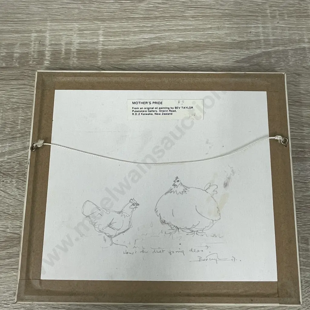 Bev Taylor Signed Pencil Sketch on back of Mother's Pride Print. "Hows the Diet going Dear?" Image 1++