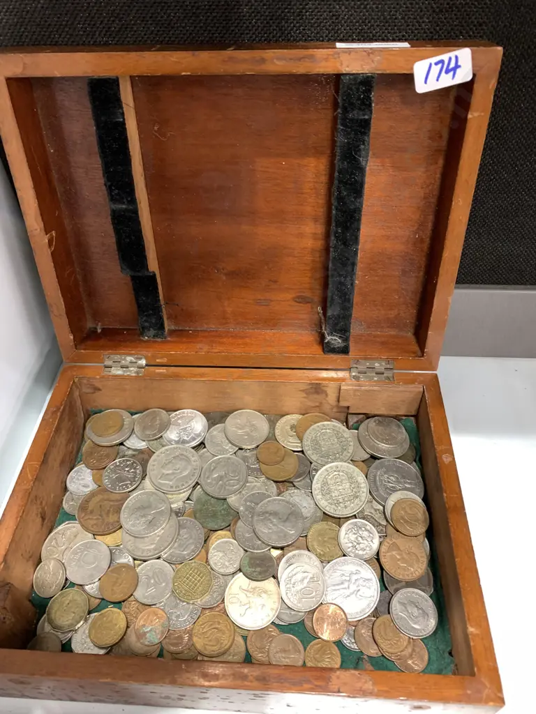 Wooden Box With Assorted Coins Including NZ & Australian  Etc Image 1++