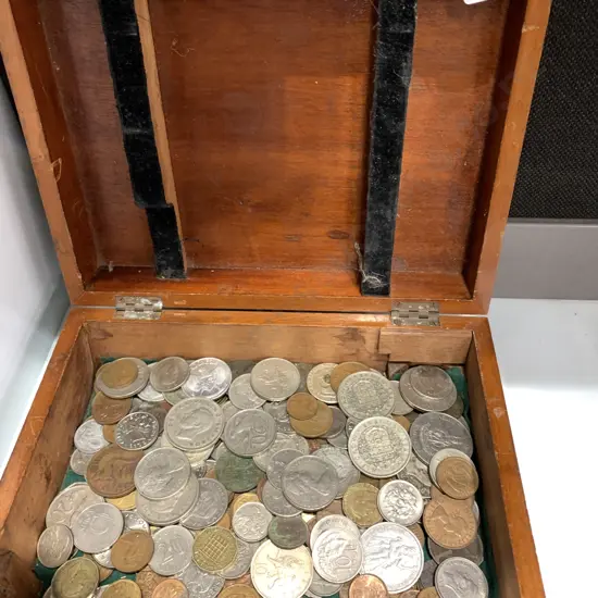 Wooden Box With Assorted Coins Including NZ & Australian  Etc