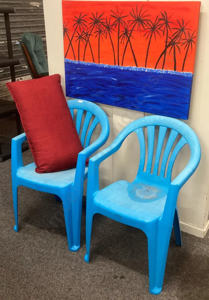 Pair of Sky Blue PVC Outdoor Chairs, Burgundy Cushion 67 x 36cm, Beach Scene Picture On Canvas, 60 x 90cm Image 1++