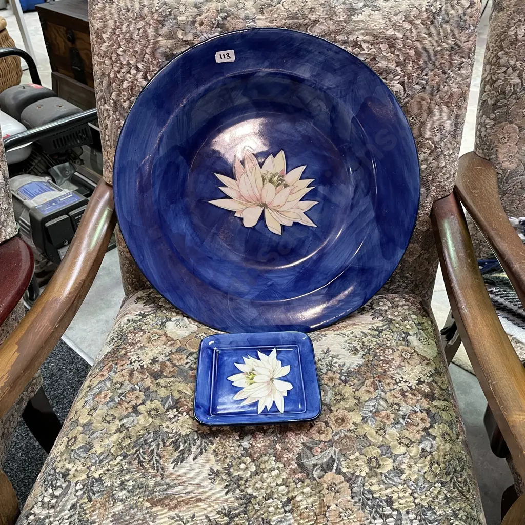 Large Christopher Vine Design Art Pottery Platter, Dia 43cm, with Square PLate 15cm. Water Lilly Pattern Image 1++