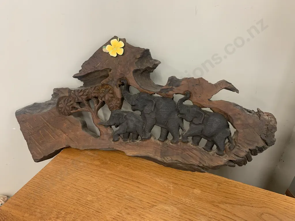 Carved Wooden Wall Plaque 'Elephants' H37 W80cm Image 1++
