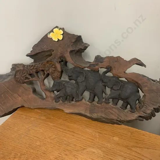Carved Wooden Wall Plaque 'Elephants' H37 W80cm