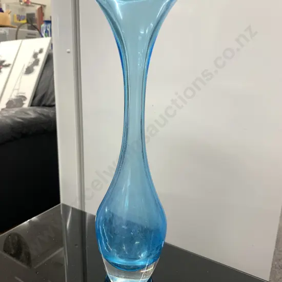 Tall Blue & Clear Scandinavian Glass Vase, H33cm