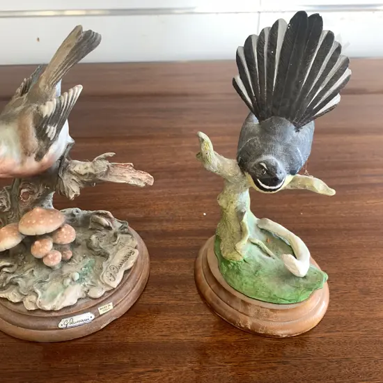 Vintage Bird Figurines On Wooden Plinth x 2