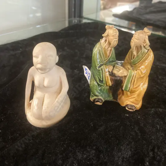 Ivory Nude Crouching Figurine with Iga Ware Ornamental Figurine