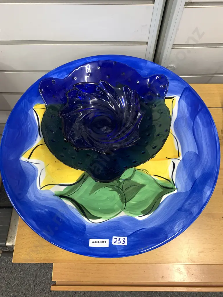 Petra Ceramics Large Serving Platter ' Blue Flora' With Blue Glass Dishes Image 1++