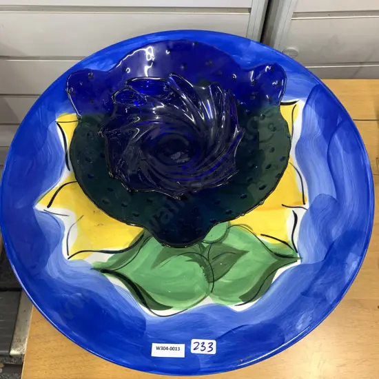 Petra Ceramics Large Serving Platter ' Blue Flora' With Blue Glass Dishes