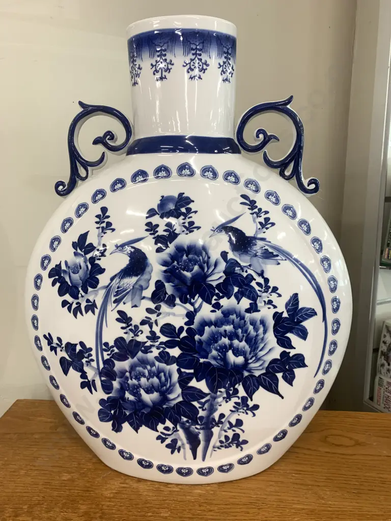 Stunning Decorative Blue & White Bird & Flower Porcelain Moon Flat Vase, H61 W50cm Image 1++