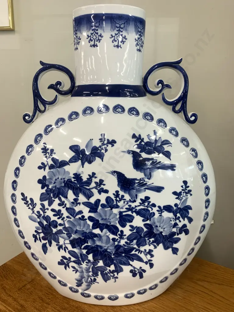 Stunning Decorative Blue & White Bird & Flower Porcelain Moon Flat Vase, H61 W50cm Image 1++