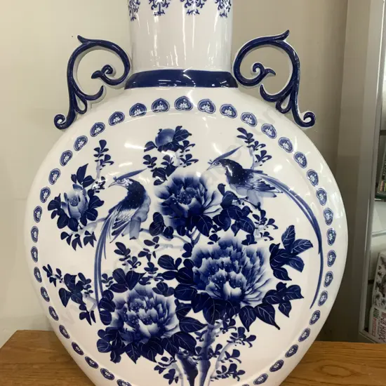 Stunning Decorative Blue & White Bird & Flower Porcelain Moon Flat Vase, H61 W50cm