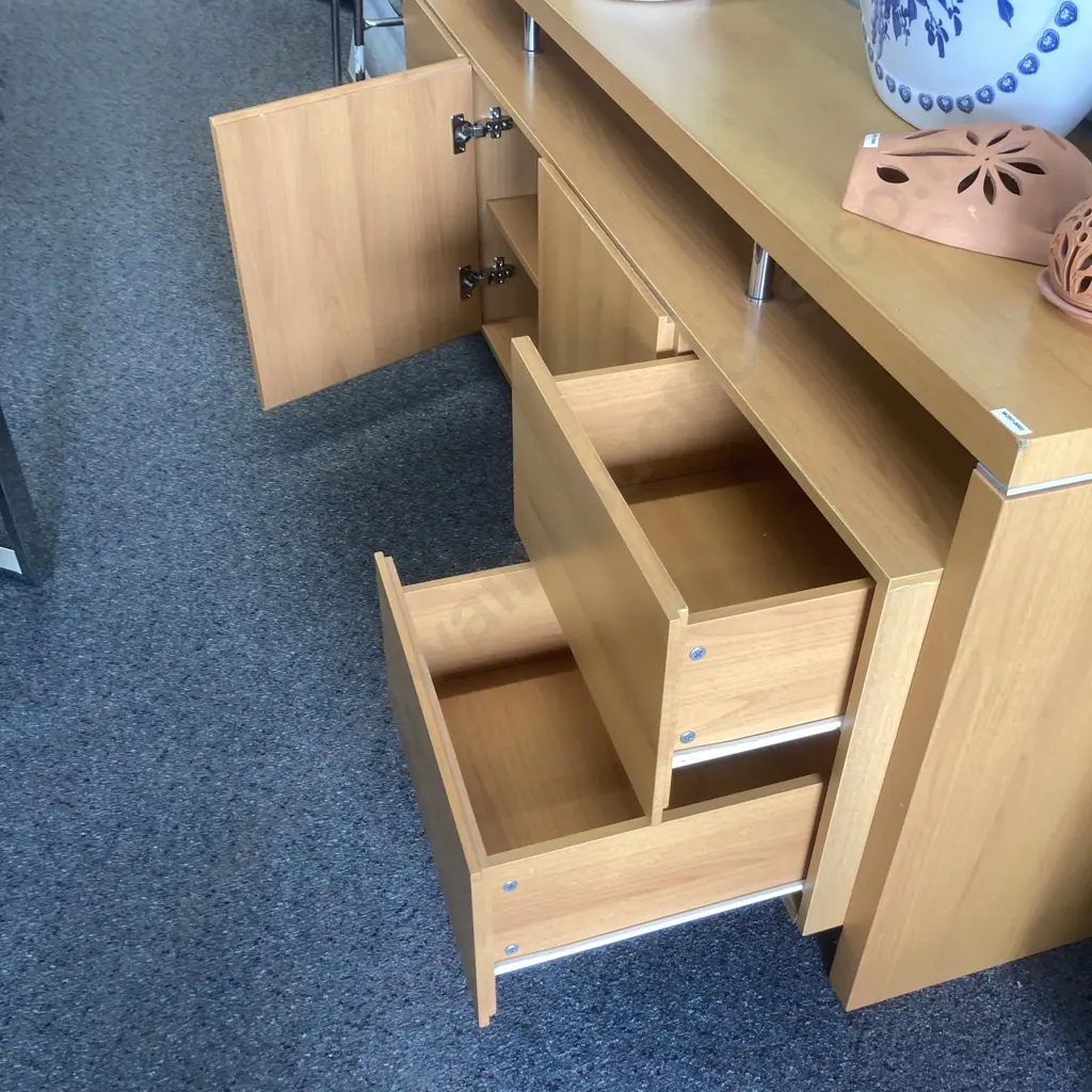 Wood Effect Sideboard, Top Supported By Chrome Pillars, 4 Drawer, 2 Door, H72 W180 D45cm Image 1++