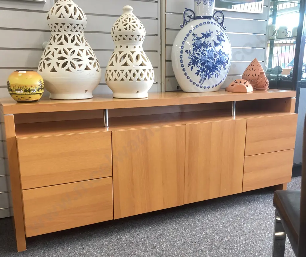 Wood Effect Sideboard, Top Supported By Chrome Pillars, 4 Drawer, 2 Door, H72 W180 D45cm Image 1++