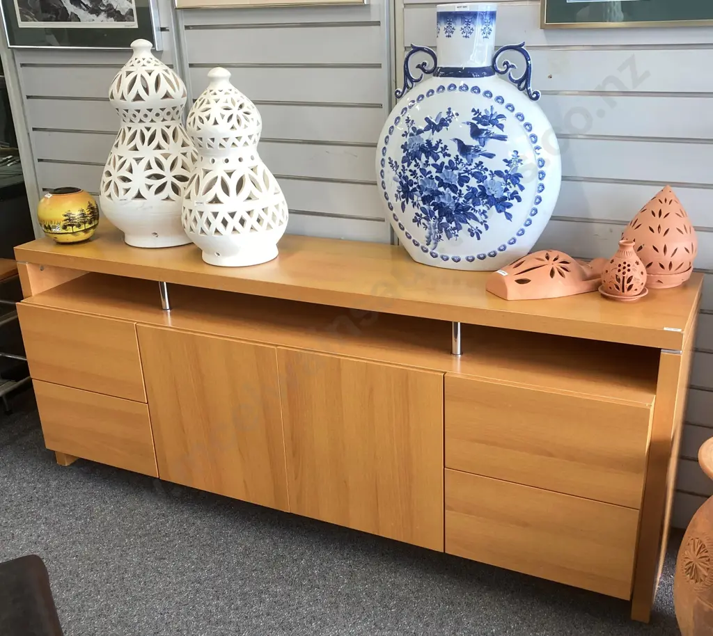 Wood Effect Sideboard, Top Supported By Chrome Pillars, 4 Drawer, 2 Door, H72 W180 D45cm Image 1++