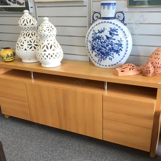 Wood Effect Sideboard, Top Supported By Chrome Pillars, 4 Drawer, 2 Door, H72 W180 D45cm