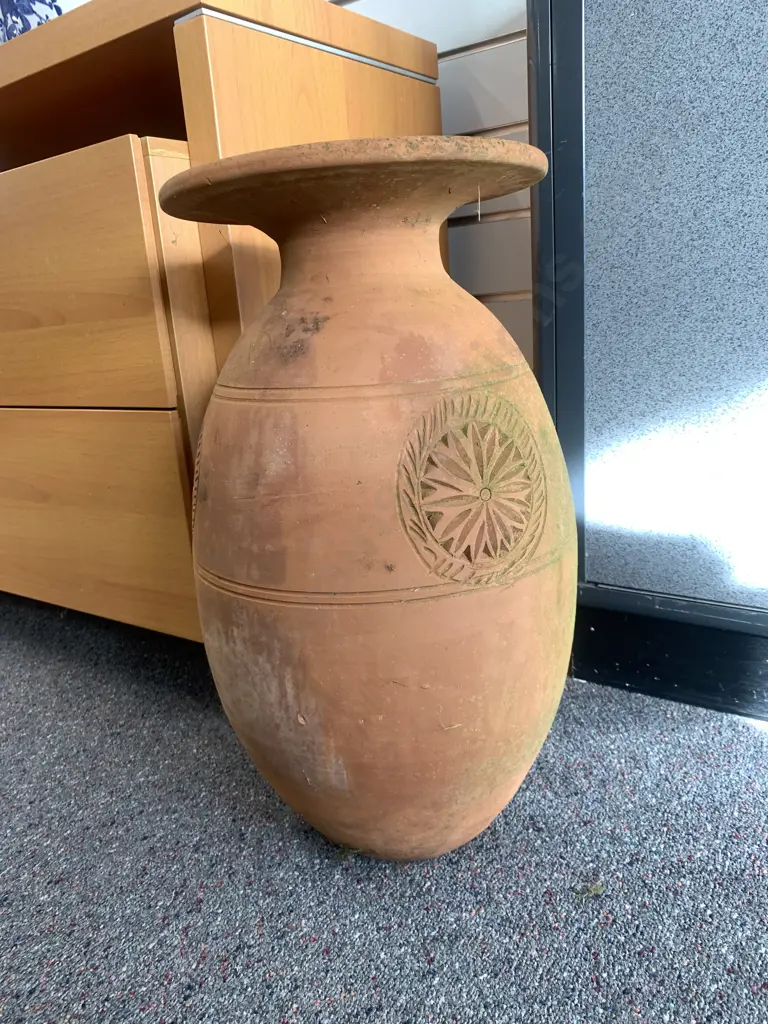 Terracotta Vase With Ornate Detailing & Flat Top, H51cm Image 1++