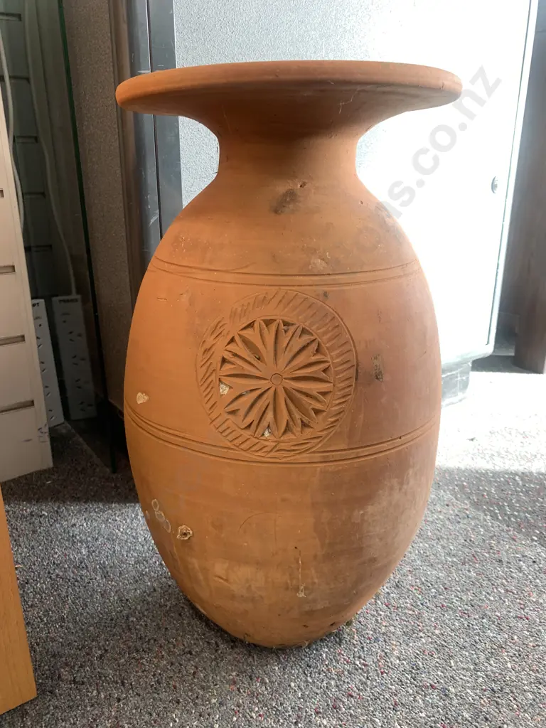 Terracotta Vase With Ornate Detailing & Flat Top, H51cm Image 1++