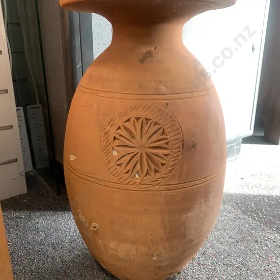 Terracotta Vase With Ornate Detailing & Flat Top, H51cm