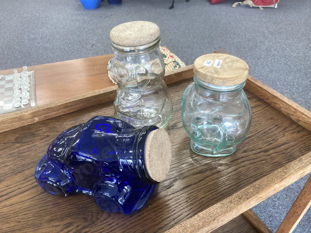 Vintage Blue Glass Car Canister, Clear Glass Elephant & Bear Canisters Image 1++