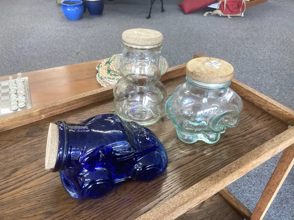 Vintage Blue Glass Car Canister, Clear Glass Elephant & Bear Canisters Image 1++