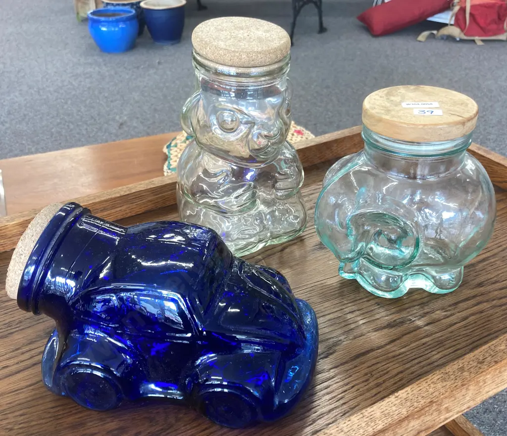 Vintage Blue Glass Car Canister, Clear Glass Elephant & Bear Canisters Image 1++