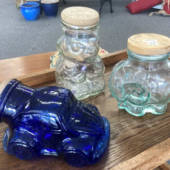 Vintage Blue Glass Car Canister, Clear Glass Elephant & Bear Canisters