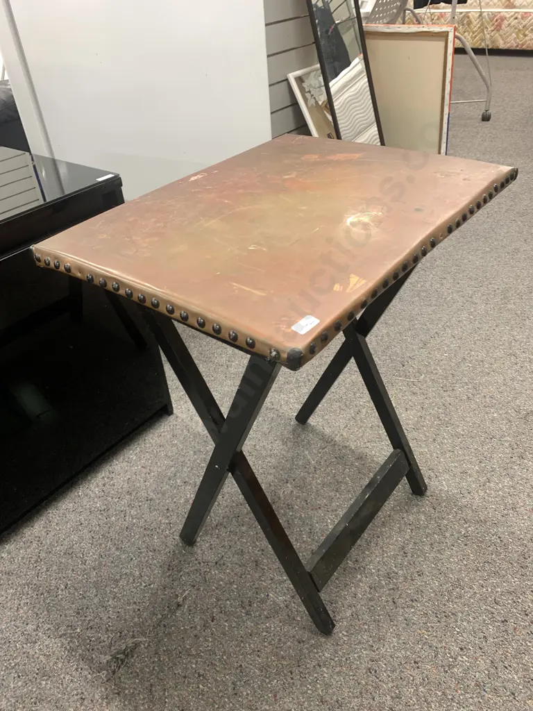 Vintage Foldup Table, Black Frame With Copper Domed Top, H66cm Image 1++