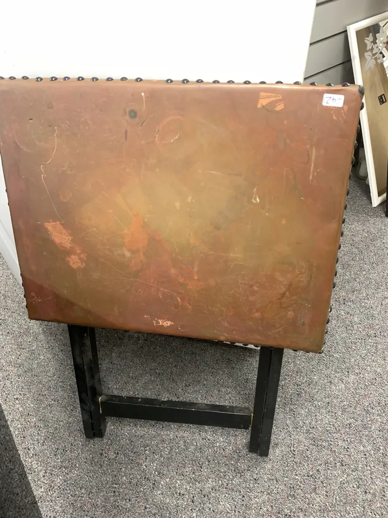 Vintage Foldup Table, Black Frame With Copper Domed Top, H66cm Image 1++