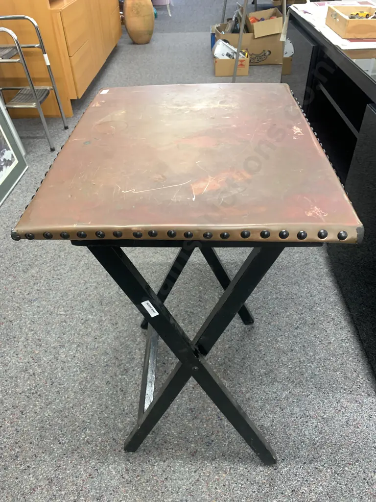 Vintage Foldup Table, Black Frame With Copper Domed Top, H66cm Image 1++