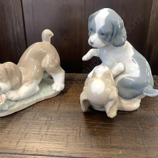 Lladro Puppy Sniffing Flower (af) With Nao 'Twerp & Mikie' Playing Puppies