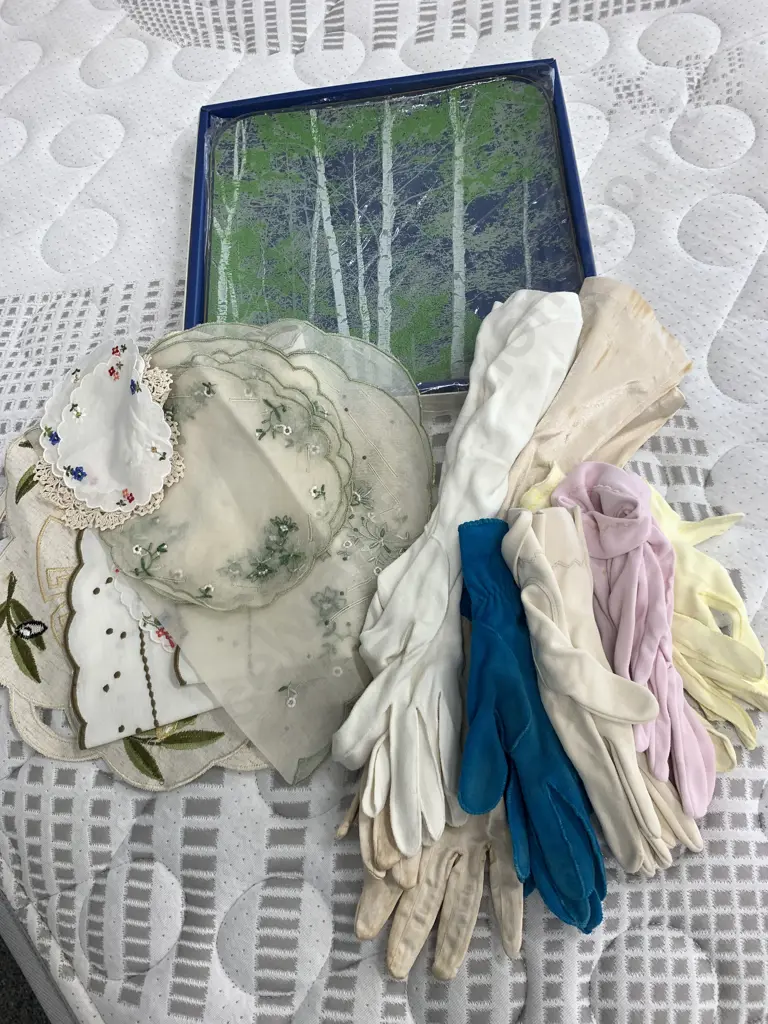 Vintage Platter, Linen And Assortment Of Ladies Vintage Gloves  Image 1++