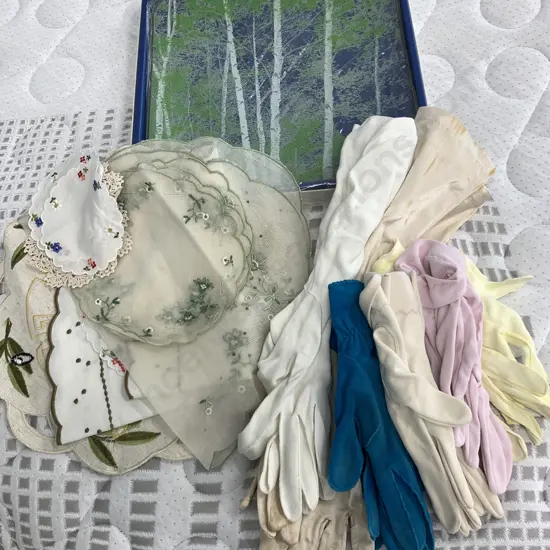 Vintage Platter, Linen And Assortment Of Ladies Vintage Gloves 