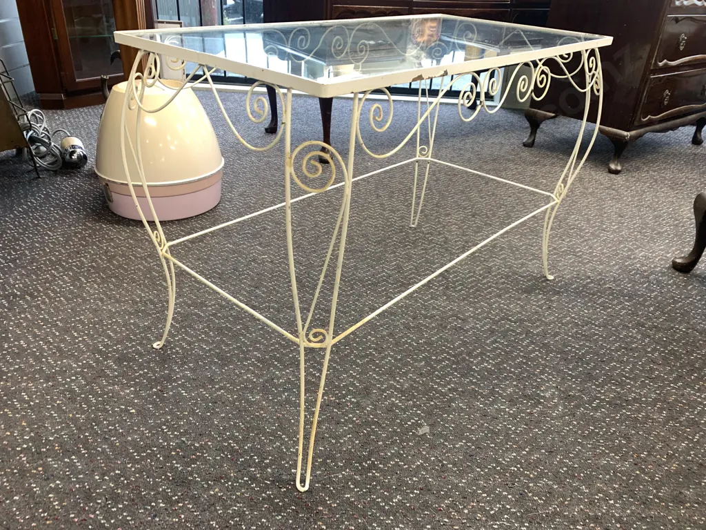 Retro Cream rectangular Wrought Occasional Table With Glass Top, H52 W77 D40cm Image 1++