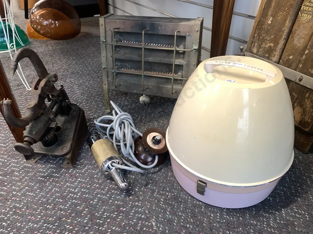 Assorted Vintage Retro Items, Steel hole punch, Heater, Massager, Ralta Hair Dryer Image 1++