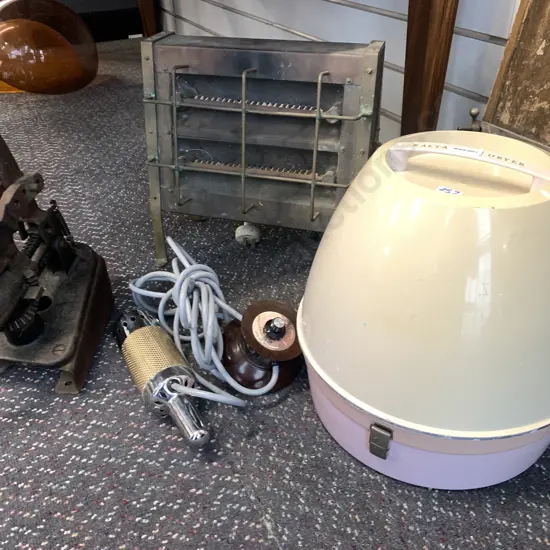 Assorted Vintage Retro Items, Steel hole punch, Heater, Massager, Ralta Hair Dryer