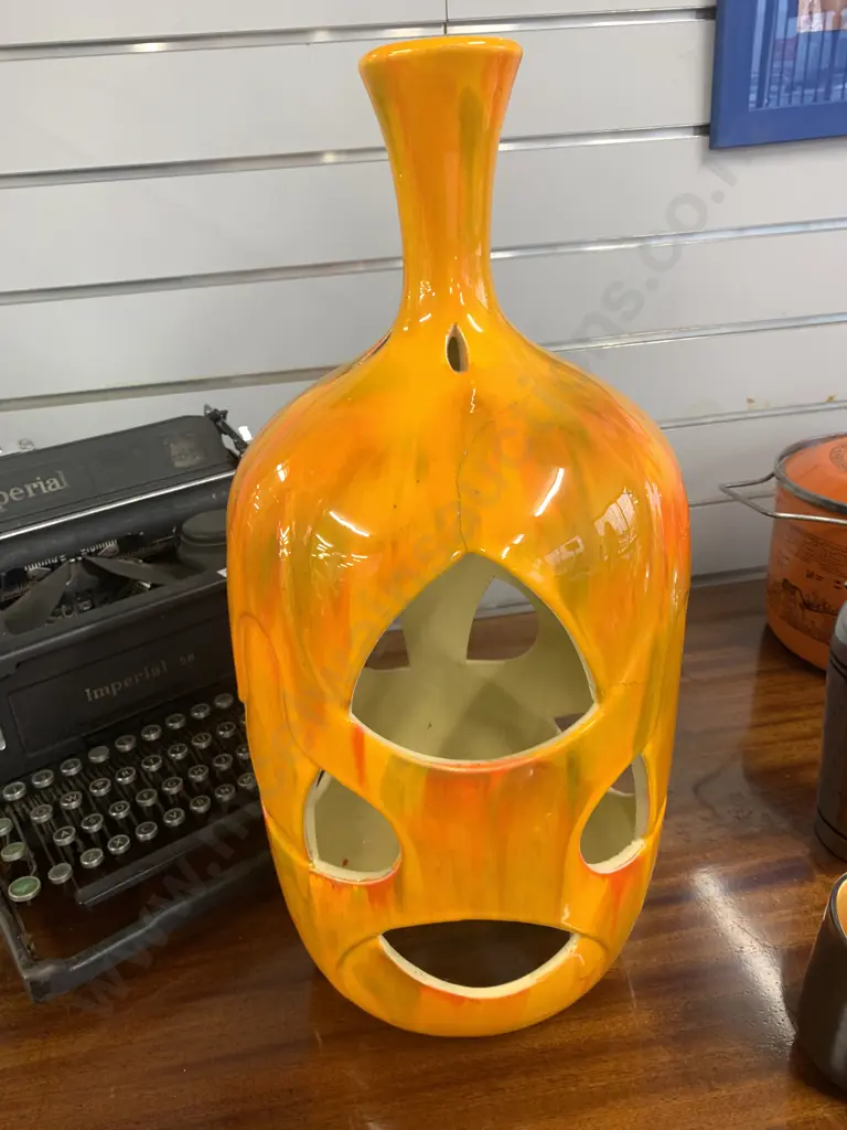 Retro Mid Century Style Pottery Light Shade, Orange With Green Tone, af (crack On Top) H51cm Image 1++