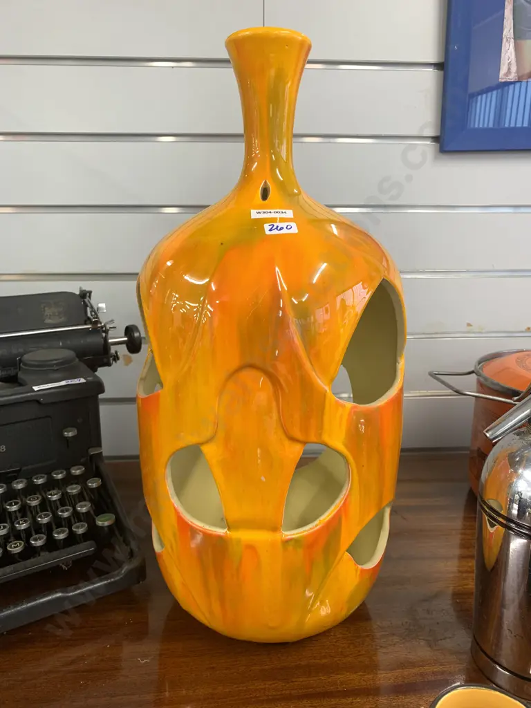 Retro Mid Century Style Pottery Light Shade, Orange With Green Tone, af (crack On Top) H51cm Image 1++