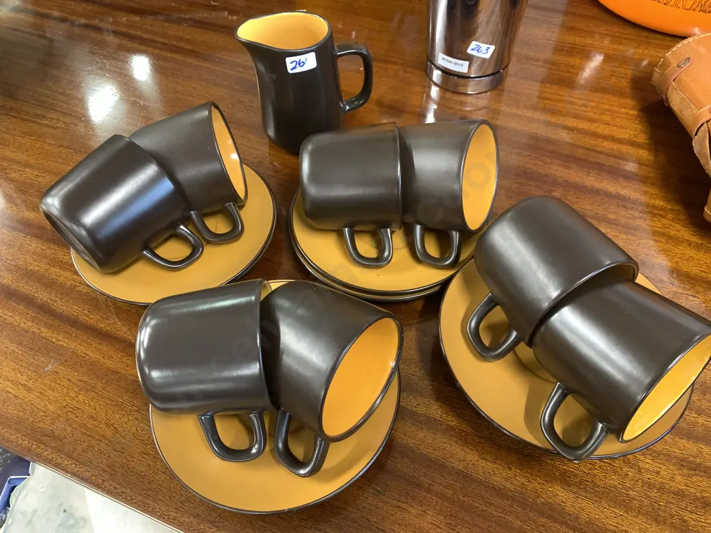 Mid Century Retro Mikasa Terra Stone Orange Sherbet 7152 Japan 9x Saucers, 8 Cups And Small Jug Image 1++