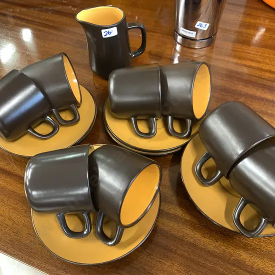 Mid Century Retro Mikasa Terra Stone Orange Sherbet 7152 Japan 9x Saucers, 8 Cups And Small Jug