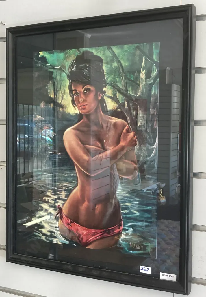 Vintage Black Framed Print Of Lady In Stream, 54 x 44cm Image 1++