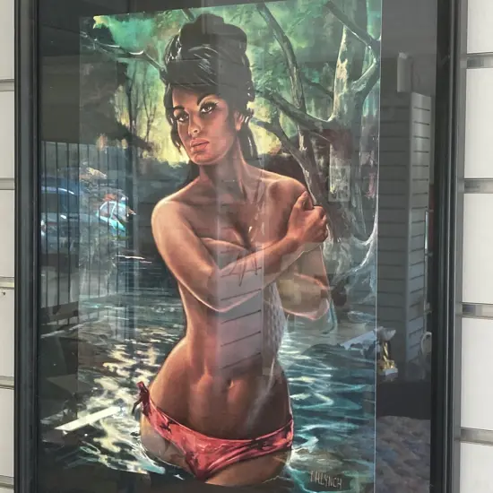 Vintage Black Framed Print Of Lady In Stream, 54 x 44cm