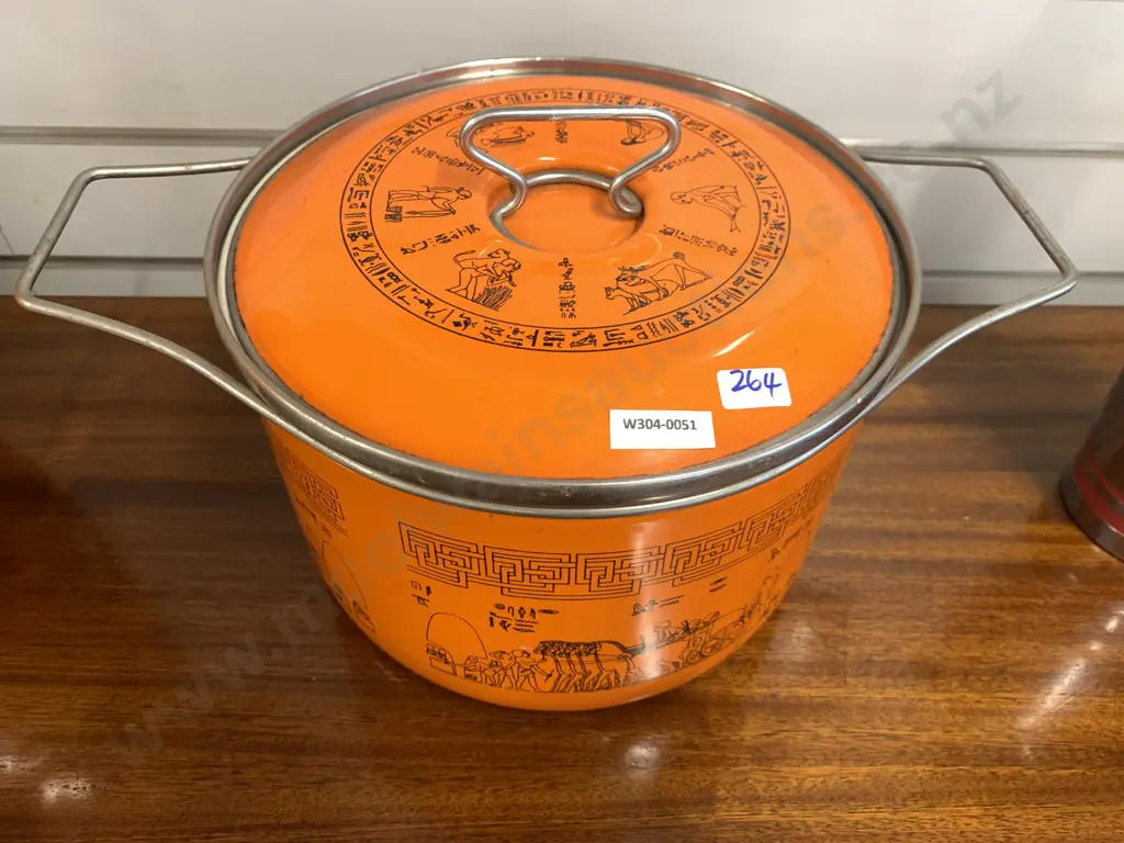 Retro Enamel Stockpot, Orange / Black With Double Handled Lid Image 1++