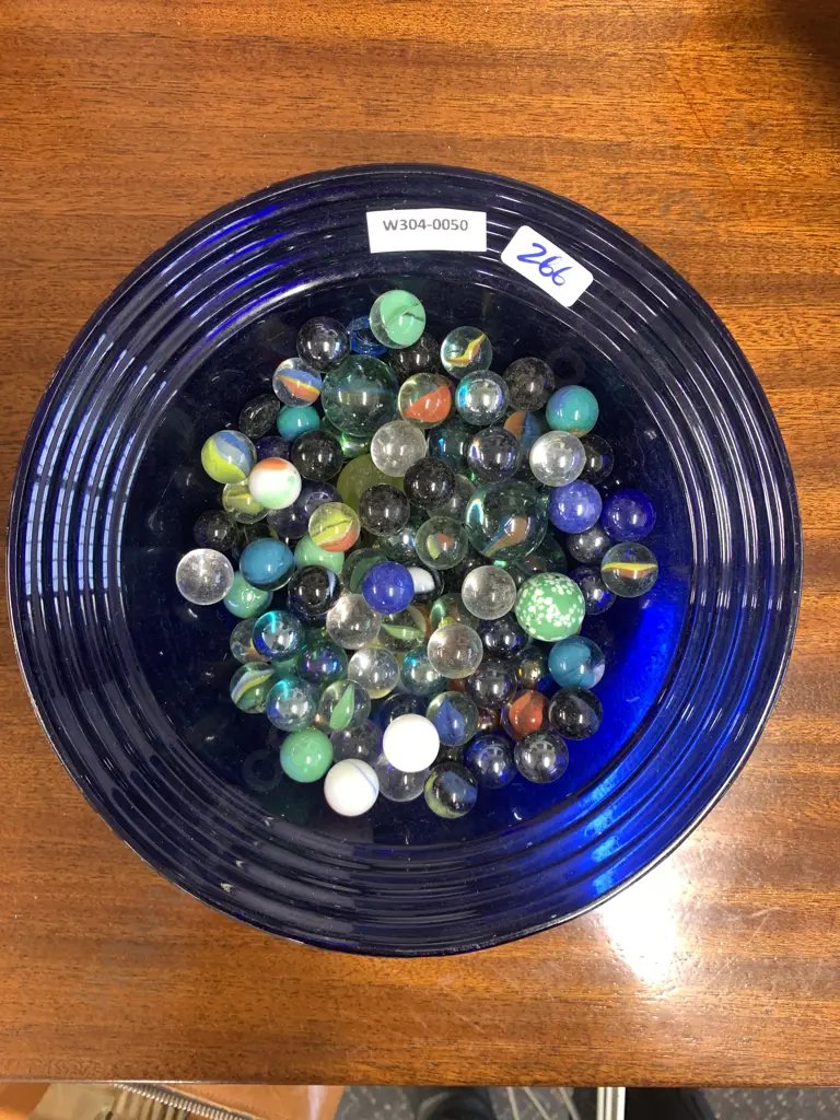 Vintage Blue Glass Bowl With assorted Marbles Image 1++