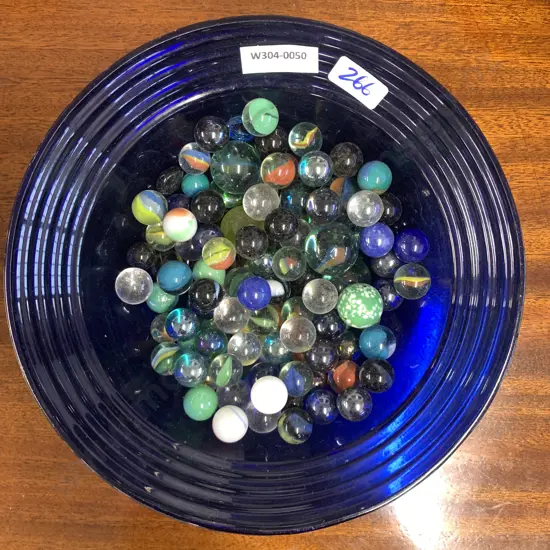 Vintage Blue Glass Bowl With assorted Marbles