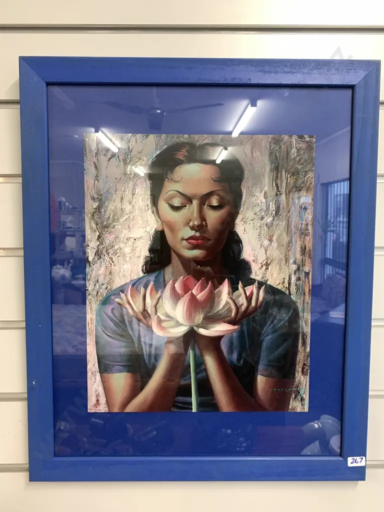 Vintage Blue Framed Print Of Lady With Flower, 56 x 50cm Image 1++