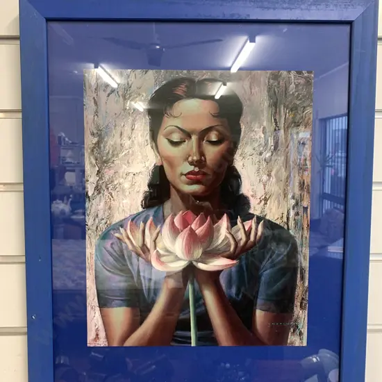 Vintage Blue Framed Print Of Lady With Flower, 56 x 50cm