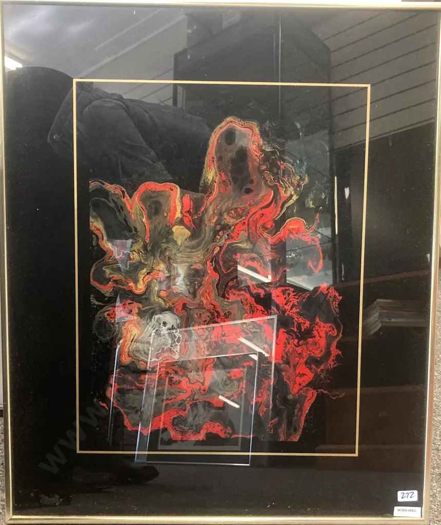 Vintage Framed Artwork Mixed Media Red Yellow Tones, Brass Frame, 62 x 51cm Image 1++