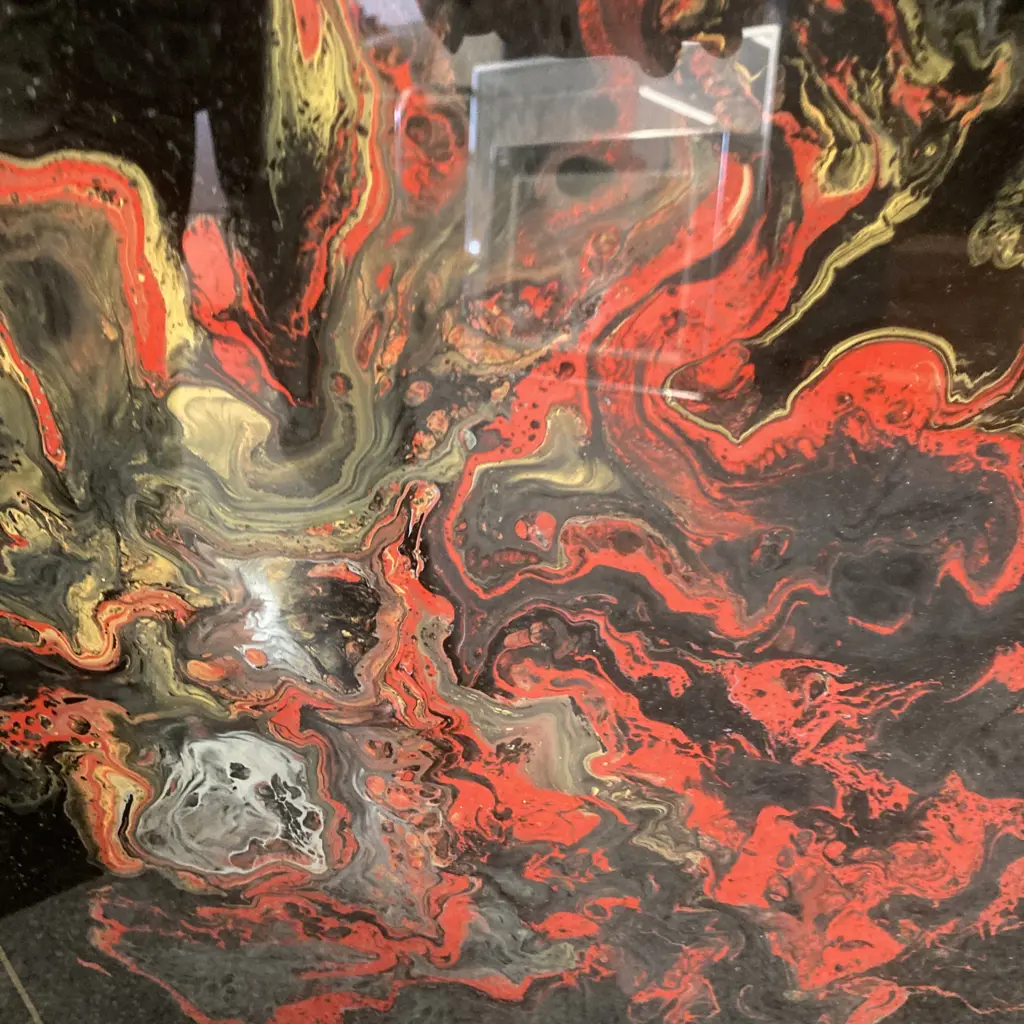 Vintage Framed Artwork Mixed Media Red Yellow Tones, Brass Frame, 62 x 51cm Image 1++