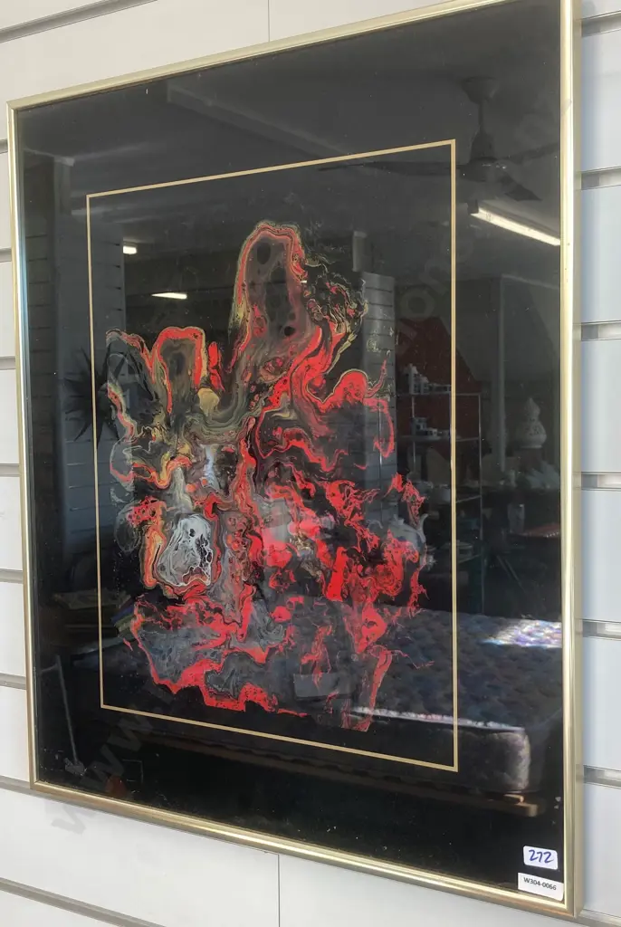 Vintage Framed Artwork Mixed Media Red Yellow Tones, Brass Frame, 62 x 51cm Image 1++