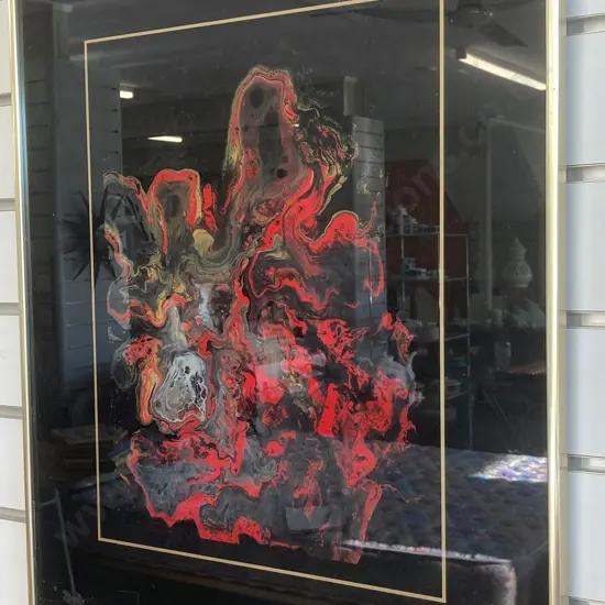 Vintage Framed Artwork Mixed Media Red Yellow Tones, Brass Frame, 62 x 51cm